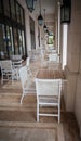 Restaurant interior. Cafe terrace with tables and white chairs for publication, poster, screensaver, wallpaper, postcard