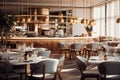 Restaurant interior in light colors, empty modern cafe