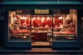 Restaurant interior with meat stall. 3D rendering illustration, Butcher shop, Showcasing a perfectly cut the steak in half within