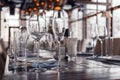 Restaurant interior, serving, wine and water glasses, plates, forks and knives on textile napkins stand in a row on vintage gray Royalty Free Stock Photo