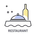 Restaurant isolated outline icon, wine bottle and tray with lid Royalty Free Stock Photo