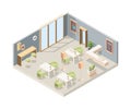 Restaurant isometric. Cafe modern interior storefront walls 3d furniture flooring vector low poly picture