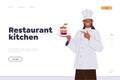 Restaurant kitchen landing page with female confectioner character presenting new dessert recipe