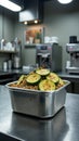 Restaurant kitchen with roasted zucchini and couscous in stainless steel container Royalty Free Stock Photo