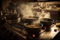 restaurant kitchen, with sizzling hotpots and steamy pots, preparing for the busiest night of the week