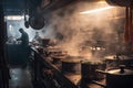 restaurant kitchen, with sizzling hotpots and steamy pots, preparing for the busiest night of the week