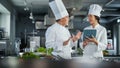 Restaurant Kitchen: Team of Asian and Black Female Chefs use Tablet Computer while Cooking Delicious Royalty Free Stock Photo