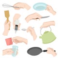 Restaurant kitchen ware human hands cooking food home utensils graphic kitchenware utensils vector illustration