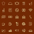Restaurant line color icons on brown background