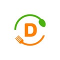 Restaurant Logo Design On Letter D With Spoon And Fork Concept Template. Kitchen Tools, Food Icon. Cooking Logo, Bbq Sign, Grill