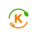 Restaurant Logo Design On Letter K With Spoon And Fork Concept Template. Kitchen Tools, Food Icon. Cooking Logo, Bbq Sign, Grill