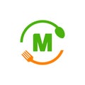 Restaurant Logo Design On Letter M With Spoon And Fork Concept Template. Kitchen Tools, Food Icon. Cooking Logo, Bbq Sign, Grill