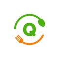 Restaurant Logo Design On Letter Q With Spoon And Fork Concept Template. Kitchen Tools, Food Icon. Cooking Logo, Bbq Sign, Grill