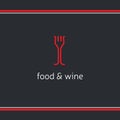Restaurant logo with fork and two bottles of wine. Food and wine logo design template. Crative emblem for restaurant and wine bar