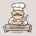 Restaurant logo. Hand drawn vector illustration of chief-cooker with a mustache and knife. chief-cooker logo.