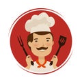 Restaurant logo or label. Happy chef holding barbecue tools. Cartoon vector illustration Royalty Free Stock Photo