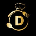 Restaurant Logo on Letter D with Chef Hat, Spoon and Fork Symbol for Kitchen Sign, Cafe Icon, Restaurant, Cooking Business Vector