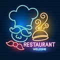 Restaurant Logo, Sign, Emblem In Neon Style. A Glowing Signboard, A Nightly Bright Banner. Glowing Neon Night Advertisement Of A Royalty Free Stock Photo