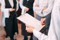 Restaurant manager and his staff in kitchen. interacting to head chef in commercial kitchen. Royalty Free Stock Photo