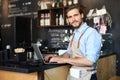 Restaurant manager working on laptop, counting profit Royalty Free Stock Photo