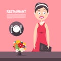 Restaurant Manager woth Flowers on Pink Background Vector Design. Beautiful Woman in Red Dress