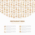 Restaurant menu concept with thin line icons: starters, chef dish, BBQ, soup, beef, steak, beverage, fish, salad, pizza, wine,