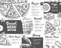 Restaurant menu design. Decorative sketch of pizza, beer and dessert. Fast food menu