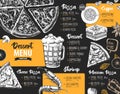 Restaurant menu design. Decorative sketch of pizza, beer and dessert. Fast food menu