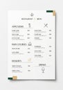 Restaurant menu displaying sections for appetizers, main courses, and desserts, with Royalty Free Stock Photo