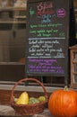 Restaurant menu handwritten on a chalkboard or a blackboard outside on the terrace. Pumpkins or squash in a basket. Vegan