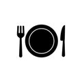 Restaurant menu icon in black. Plate with fork and knife. Dinner icon. Food sign. Lunch logo. Vector on isolated white background Royalty Free Stock Photo