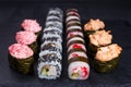 Restaurant menu, Japanese food art. Appetizing maki and gunkan m Royalty Free Stock Photo