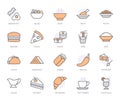 Restaurant menu line icon set. Sandwich, shawarma, soup, salad, pasta, tacos, pizza, eggs and bacon minimal vector