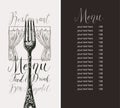 Restaurant menu with price list, fork and curtains