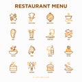 Restaurant menu thin line icons set: starters, chef dish, BBQ, soup, beef, steak, beverage, fish, salad, pizza, wine, seafood,