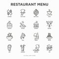 Restaurant menu thin line icons set: starters, chef dish, BBQ, soup, beef, steak, beverage, fish, salad, pizza, wine, seafood,