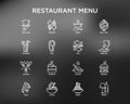 Restaurant menu thin line icons set: starters, chef dish, BBQ, soup, beef, steak, beverage, fish, salad, pizza, wine, seafood,