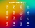 Restaurant menu thin line icons set: starters, chef dish, BBQ, soup, beef, steak, beverage, fish, salad, pizza, wine, seafood,