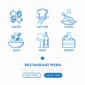 Restaurant menu thin line icons set: starters, chef dish, chicken, salad, wine, dessert. Modern vector illustration