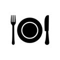 Restaurant Metal Cutlery for Dinner Glyph Pictogram. Fork Knife Plate Black Silhouette Icon. Dishware Cafe Food Lunch