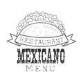 Restaurant Mexican Food Menu Promo Sign In Sketch Style With Taco Wrap, Design Label Black And White Template
