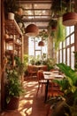 Restaurant in modern eco friendly style decorated with green plants. Ecology design