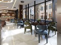 Restaurant in a modern style with marble floor. There are sofas