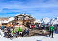 Restaurant in the mountains.Ski Resort Courchevel in wintertime Royalty Free Stock Photo