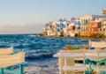 Restaurant near the sea at Little Venice on the island of Mykonos in Greece sunset