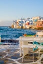 Restaurant near the sea at Little Venice on the island of Mykonos in Greece sunset