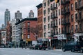 Restaurant, old buildings, storefront of Hells Kitchen street scene in the west side of Midtown Manhattan Royalty Free Stock Photo