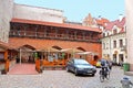 Restaurant in the old medieval building in old town Yanov Yard, Riga, Latvia