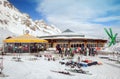 Restaurant and outdoor bar at cable car station in Soelden ski area