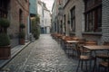 Restaurant and outdoor tables on vintage european street. Generative AI